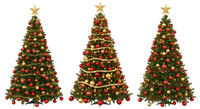 Three decorated christmas trees with red and gold ornaments and stars on top, isolated on transparent background - Powered by Adobe