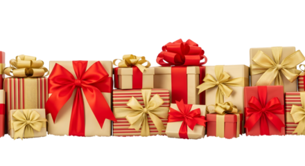 Assortment of wrapped gift boxes with red and gold ribbons, isolated on transparent background