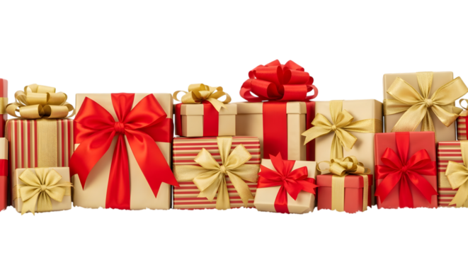 Assortment of wrapped gift boxes with red and gold ribbons, isolated on transparent background