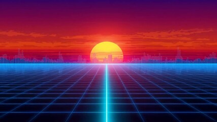 Retrofuturistic digital grid landscape with neon blue lines, a vibrant sunset, and city skyline silhouette - Powered by Adobe