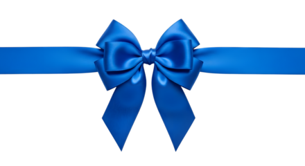 A single bright blue satin ribbon tied into a perfect bow, isolated on transparent background
