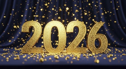  Golden Textured 2026 Numbers on Dark Blue Fabric with Scattered Sparkling Confetti for New Year Celebration
