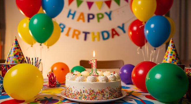 First Birthday Party Decoration with Cake, Balloons and Decorations.