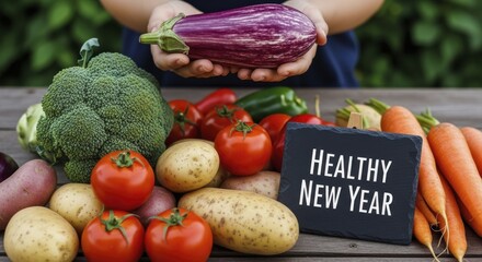 Person holding fresh striped eggplant with a "Healthy New Year" sign among organic vegetables on a rustic wooden table promoting dietary resolutions