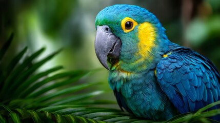 Obraz premium Blue and yellow macaw perching in tropical rainforest
