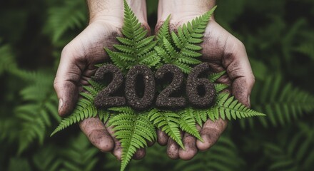 Human hands holding lush green fern leaves with soil numbers 2026 symbolizing environmental growth and future sustainability