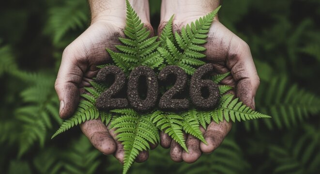 Human hands holding lush green fern leaves with soil numbers 2026 symbolizing environmental growth and future sustainability