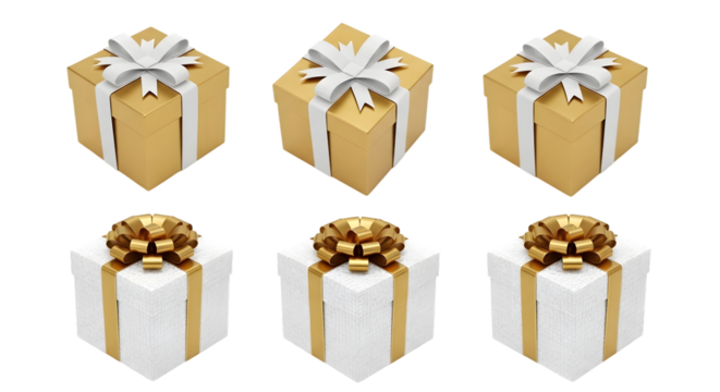 Six gift boxes with ribbons, three gold and three white, isolated on transparent background