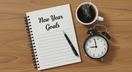 New Year Goals Notebook with Pen, Steaming Coffee Mug, and Alarm Clock on Wooden Desk