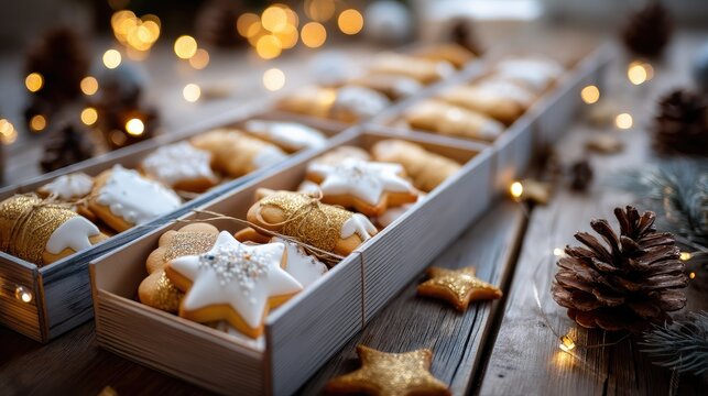 Star-shaped cookies in a box on a wooden table, nestled with pinecones and twinkling lights, evoke a festive spirit