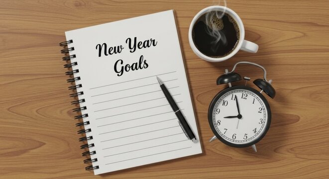 New Year Goals Notebook with Pen, Steaming Coffee Mug, and Alarm Clock on Wooden Desk