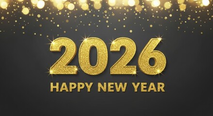  Golden Glitter 2026 Happy New Year Celebration on Dark Background with Sparkling Lights