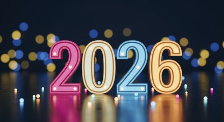  Celebratory 2026 New Year Illuminated Marquee Numbers with Colorful Bokeh Background