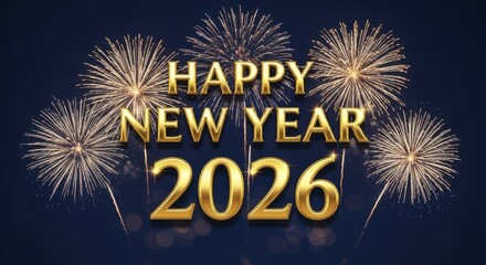 Golden Happy New Year 2026 message with sparkling fireworks against a dark sky