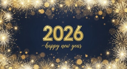 Happy New Year 2026 with Glittering Golden Text and Festive Sparkling Fireworks Frame