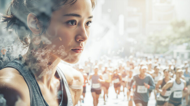 Cinematic double exposure of Asian woman's sweaty, intense face layered with kinetic energy of a crowded marathon