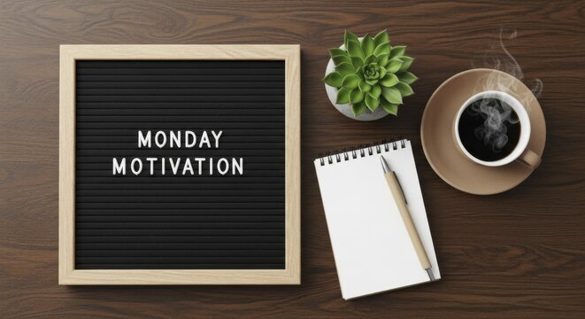  Monday Motivation message on letter board with coffee, notebook, and succulent on wooden desk for new beginnings - Powered by Adobe