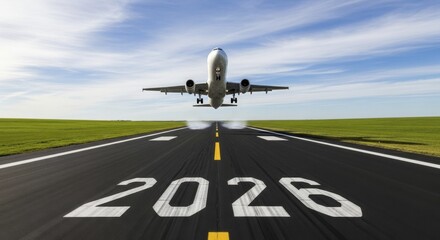  Passenger Aircraft Taking Off from Airfield Runway Marked 2026 Under Blue Sky
