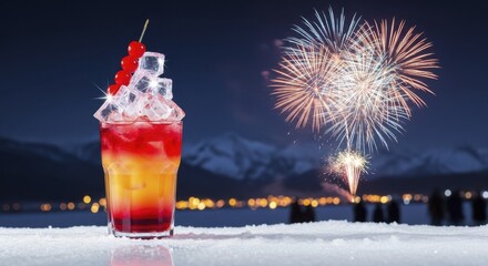 Vibrant Cocktail in Snow with Distant New Year Fireworks