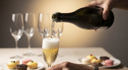 Hand pouring sparkling wine into a champagne flute with festive desserts on a table for celebration