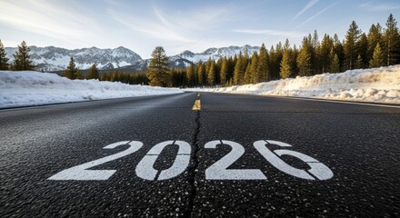  Snowy Mountain Road with 2026 Marking Leading to Winter Landscape and Pine Forest