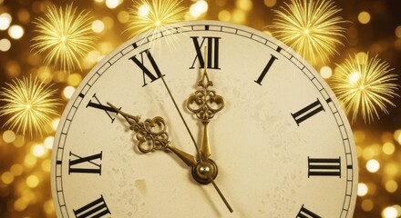  Antique clock face showing New Year's Eve countdown with sparkling golden fireworks