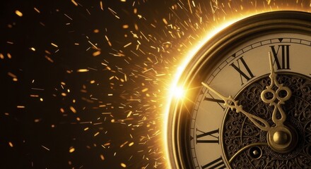  Ornate vintage clock hands nearing midnight, surrounded by golden festive sparks on a dark background, New Year celebration.