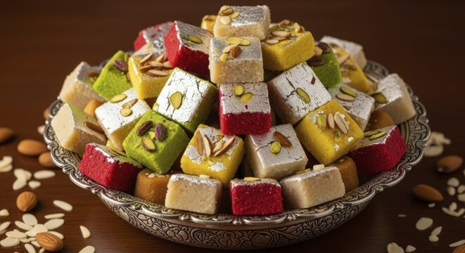 Assorted Indian sweets piled in a decorative silver dish topped with nuts for festive occasion
