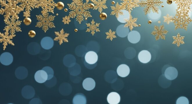  Golden snowflakes and shiny ornaments on dark blue festive background with glowing bokeh lights