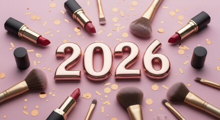 Obraz premium Golden 2026 Numbers Surrounded by Makeup and Confetti on a Pink Background