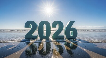  2026 Numbers on Sandy Beach with Ocean Waves and Bright Sun