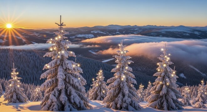 New Year Winter Wonderland with Glowing Evergreen Trees and Mountain Sunrise