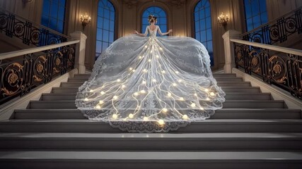 Elegant woman descends grand staircase in flowing gown illuminated with soft light, celebrating a magical and ethereal moment of grace - Powered by Adobe