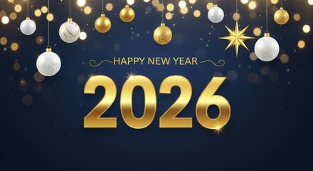 Golden Happy New Year 2026 Celebration with Ornaments and Bokeh Lights on Blue Background