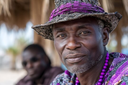 African elder wearing purple hat looking straight