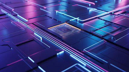 Futuristic technology circuit board with neon lights cyberspace theme