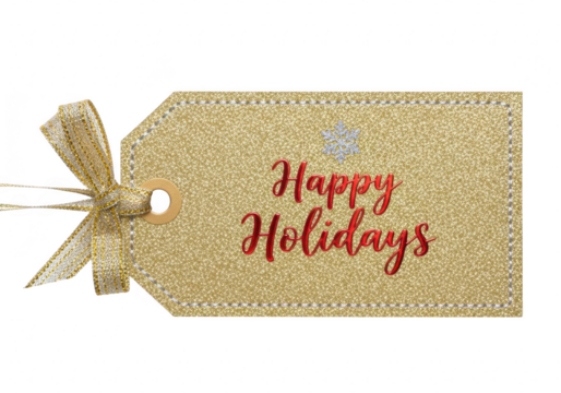 A shimmering gold glitter gift tag with a delicate bow and the words happy holidays in red script, perfect for adding a touch of elegance isolated on a transparent background	