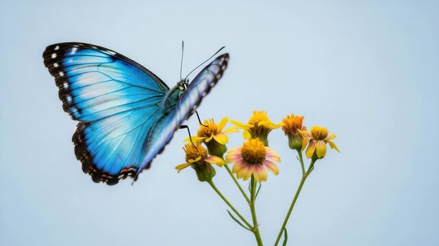 Blue morpho butterfly perched delicately on vibrant yellow wildflowers