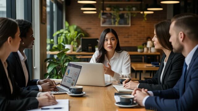 Business team having a meeting in a cafe to discuss business strategy