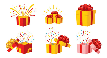 Collection of colorful gift boxes with confetti and fireworks, isolated on transparent background