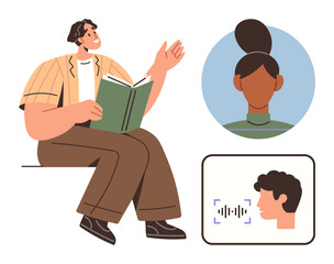 Man reading a book aloud while digital voice recognition processes speech. Includes profile portraits, illustrated communication themes. Ideal for education, storytelling, learning, remote work