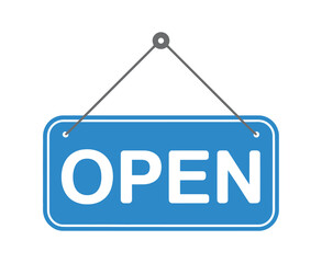 Open signboard vector illustration hanging with rope on white background for business advertising store showing working status