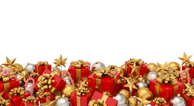 Heap of red christmas gift boxes with gold ribbon and bows, gold baubles, and candy canes, isolated on transparent background