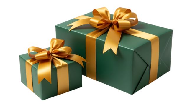 Two green gift boxes with gold ribbon and bows, isolated on transparent background