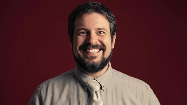 Bearded man transitions from thoughtful doubtful contemplation to excited realization on red background, from pondering question to eureka moment. Problem-solving journey and creative breakthrough.
