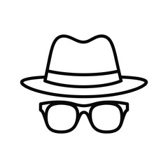 Icon of a fedora hat and glasses, symbolizing mystery, disguise, or a detective