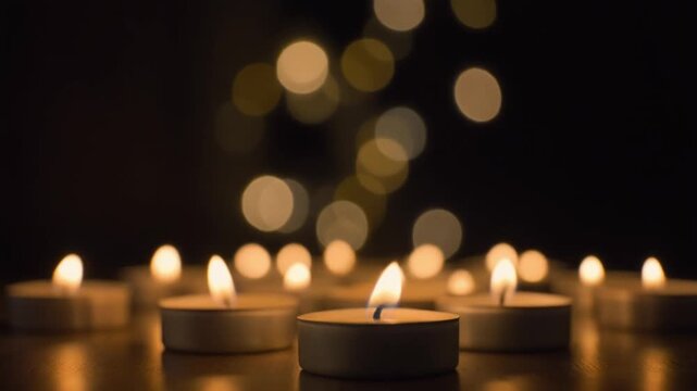 Softly glowing tea light candles create a warm and inviting atmosphere with bokeh lights in the background, 4k video