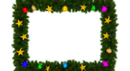 Rectangular frame made of green christmas tree branches and decorated with colorful baubles and yellow stars, isolated on transparent background