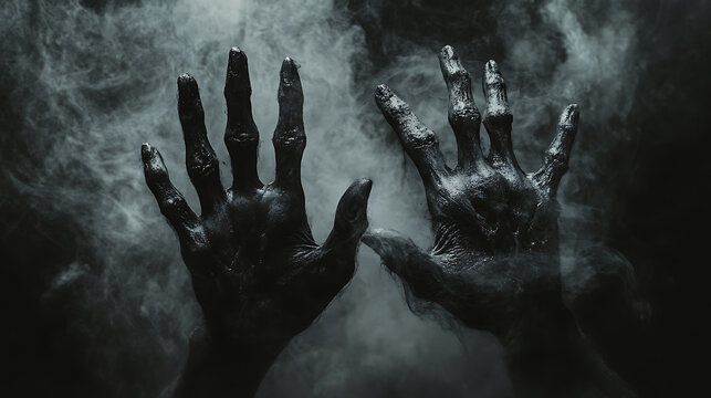 Two dark hands reaching out amidst swirling smoke creating a spooky and mysterious atmosphere - Powered by Adobe