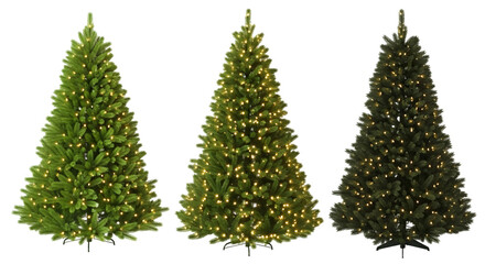 Three artificial christmas trees with lights, one darker green, isolated on transparent background